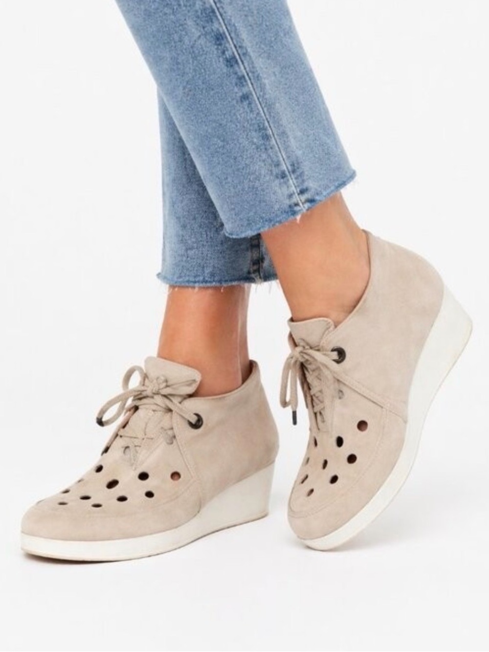 Robert Clergerie Nadine Suede Perforated Wedge Sneakers - Beige